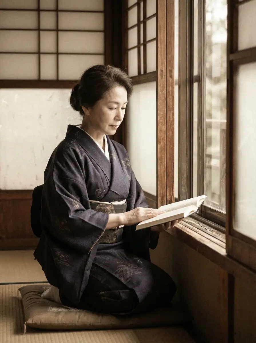 一位优雅的五十岁 女性向-甜美女性向精选剧|小说动漫高清免费在线看 身穿深蓝色和服，在窗边静读